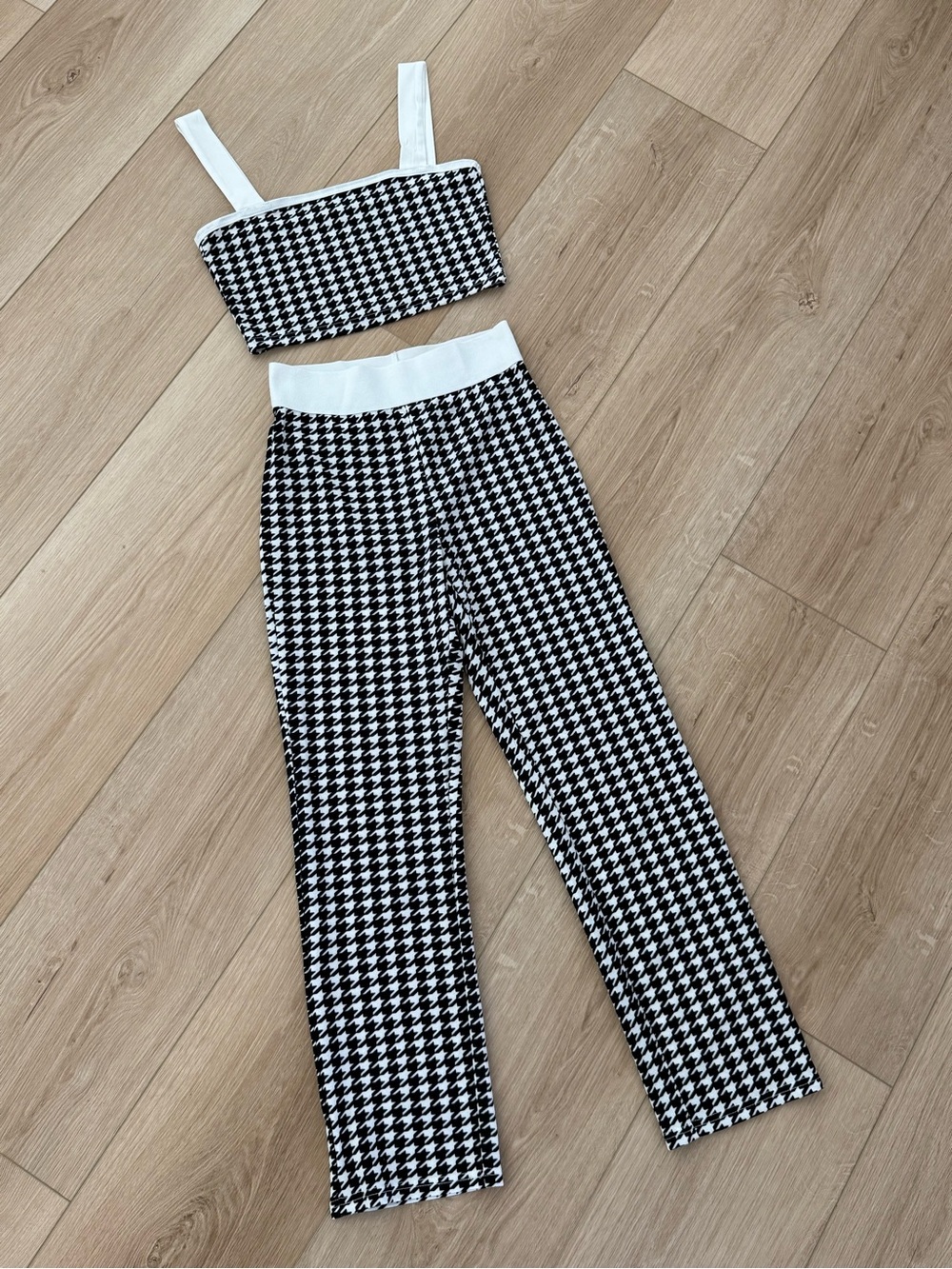 Houndstooth 2 piece Cropped Top Set Wide-Black & White